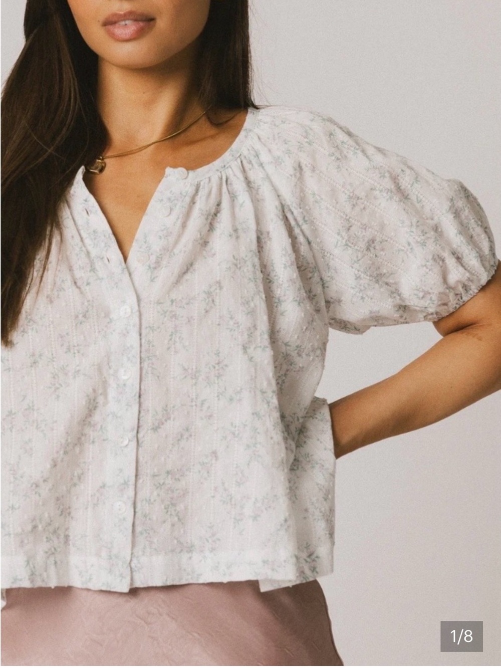 bohme White Floral Puff-Sleeve Button Front Blouse